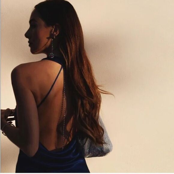 Zara bloggers favorite Blue Satin Effect Jewel Chain Mini Dress Size small - Picture 7 of 16